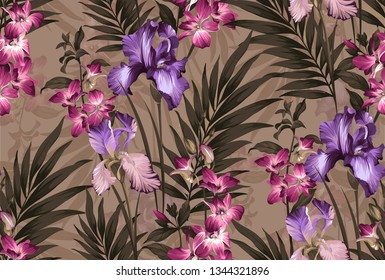 tropical floral seamless pattern with orchids and iris flowers