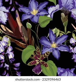 Tropical floral seamless pattern with orchids and iris flowers.