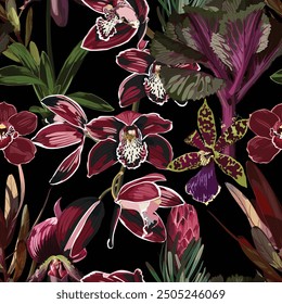 Tropical floral seamless pattern with orchids and protea flowers. 