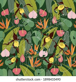 Tropical floral seamless pattern. Outline panthera Flower anthurium red pink orchid flower green leaves nature art design element for web, for print, for fabric print, for wallpaper stock vector illus