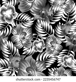 tropical floral seamless pattern of palm leaves on dark background. summer beach print. Black and white wallpaper. Vector illustration. Seamless realistic vector composition. Summer design. foliage  