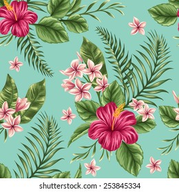 Tropical floral seamless pattern with plumeria and hibiscus flowers