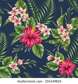 Tropical floral seamless pattern with plumeria and hibiscus flowers