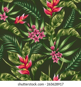 Tropical floral seamless pattern with plumeria and heliconia flowers in watercolor style