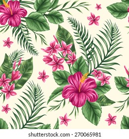 Tropical floral seamless pattern with plumeria and hibiscus flowers