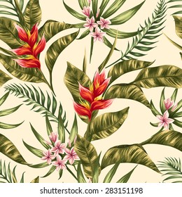 Tropical floral seamless pattern with plumeria and hibiscus flowers