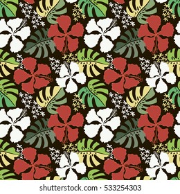 Tropical floral seamless pattern. Red and white hibiscuses and palm leaves.