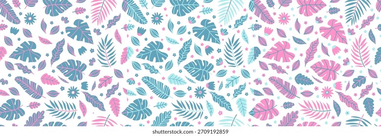 Patrón sin fisuras floral tropical con hojas y flores exóticas. Diseño de la selva sin fisuras para la tela, Fondo de pantalla. Vibrante ilustración botánica con follaje de palma, impresión de verano. Vector de fondo