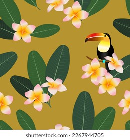 Patrón tropical floral sin soldadura con los tucanes. Flores de plumeria y hojas verdes y pájaros para tejidos, textiles. Vector.