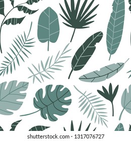 Tropical floral seamless pattern. Vector illustration with hand drawn palm leaves, jungle plants. Green exotic botany texture for textile, fabric, paper. Summer background.