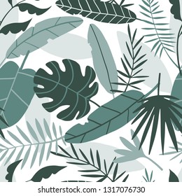 Tropical floral seamless pattern. Vector illustration with hand drawn palm leaves, jungle plants. Green exotic botany texture for textile, fabric, paper. Summer background.