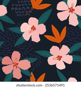 Padrão tropical floral sem emenda. Fundo botânico vetorial com flores de hibisco, folhas exóticas, elementos de doodle. Ilustração desenhada à mão estilo funky. Verão tema selva exótica. Design repetível