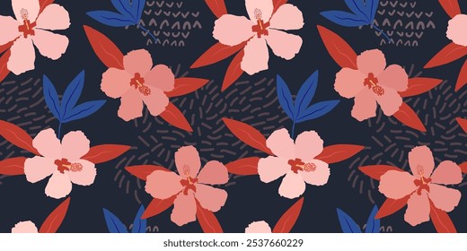 Tropische florale nahtlose Muster. Vektoriger botanischer Hintergrund mit rosafarbenen Hibiskusblumen, exotischen Blättern, abstrakten Elementen. Nette handgezeichnete Illustration. Sommerdesign für Babys, Kinder, Dekoration, Druck