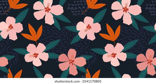 Tropical floral seamless pattern. Vector botanical background with pink hibiscus flowers, exotic leaves, abstract elements. Cute hand drawn illustration. Summer design for babies, kids, boys and girls