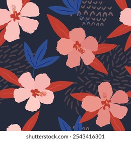 Tropical floral seamless pattern. Vector botanical background with hibiscus flowers, exotic leaves, doodle elements. Cute hand drawn illustration. Summer exotic jungle theme. Repeated trendy design