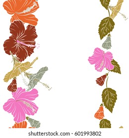 Tropical floral seamless pattern with vertical hibiscus flowers in brown, pink and yellow colors and copy space (place for your text). Floral vector motif on a white background.