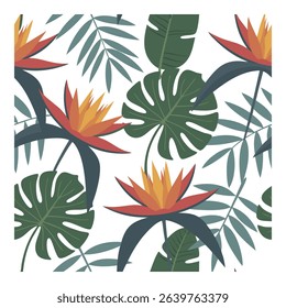 Tropical Floral Seamless Pattern, Vibrant Flat Vector Design with Exotic Leaves and Flowers for Fabric, Wallpaper and Decor