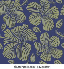 Tropical floral seamless pattern with violet and neutral hibiscus flowers. Vector illustration. Floral vector seamless pattern.