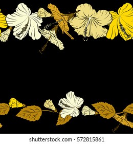 Tropical floral seamless pattern with yellow and beige hibiscus flowers and copy space (place for your text). Horizontal Vector illustration. Floral vector seamless pattern.