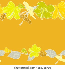 Tropical floral seamless pattern with yellow hibiscus flowers and copy space (place for your text). Vector illustration. Floral vector seamless pattern.