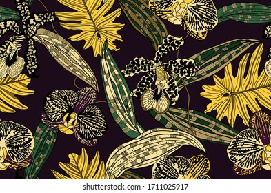 Tropical floral seamless vector pattern background with exotic flowers, palm leaves, jungle leaf, orchid. Botanical wallpaper illustration in Hawaiian style