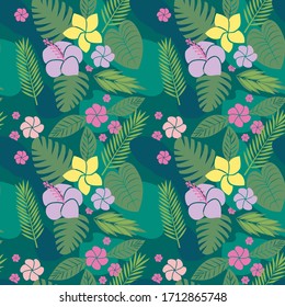 Fondo vectorial sin costuras floral tropical con flores de hibisco exótico, hojas de palma,