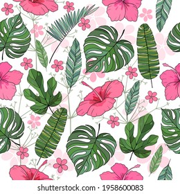 Tropical floral seamless vector pattern background with exotic flowers, palm leaves, jungle leaf, . Botanical wallpaper illustration in Hawaiian style