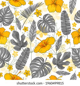 Tropical floral seamless vector pattern background with exotic flowers, palm leaves, jungle leaf, . Botanical wallpaper illustration in Hawaiian style