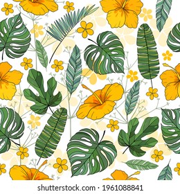Fondo vectorial sin costura floral tropical con flores exóticas, hojas de palma, hoja de jungla, . Ilustración de papel tapiz botánico de estilo hawaiano