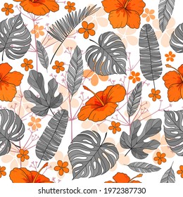Tropical floral seamless vector pattern background with exotic flowers, palm leaves, jungle leaf, . Botanical wallpaper illustration in Hawaiian style