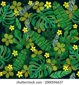 Tropical floral seamless vector pattern background with exotic yellow flowers, palm leaves, jungle leaf, . Botanical wallpaper illustration in Hawaiian style