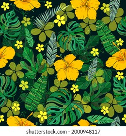 Tropical floral seamless vector pattern background with exotic yellow flowers, palm leaves, jungle leaf, . Botanical wallpaper illustration in Hawaiian style