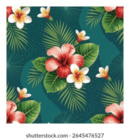 Tropical Floral Seamless Vector Pattern, featuring hibiscus and plumeria flowers in coral red and white with lush green palm leaves on a deep teal dotted background for beachwear and summer decor