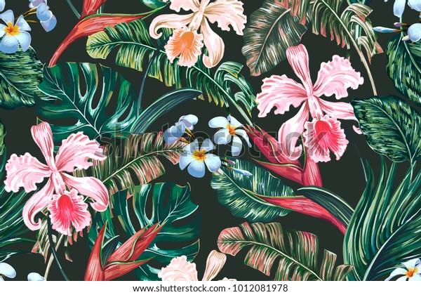 エキゾチックな花 ヤシの葉 ジャングルの葉 ラン パラダイスの花の鳥を持つ熱帯の花のシームレスなベクター画像パターン ハワイ風の植物性壁紙イラスト のベクター画像素材 ロイヤリティフリー