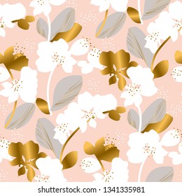 Tropical floral silhouette seamless pattern. Tender pastel color orchid flower repeatable motif. Luxury elegant natural forms repeat image. For textile, fabric, wrapping paper, surface design.