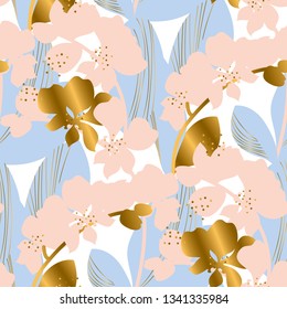 Tropical floral silhouette seamless pattern. Tender pastel color orchid flower repeatable motif. Luxury elegant natural forms repeat image. For textile, fabric, wrapping paper, surface design.