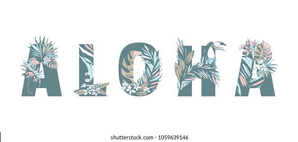 Tropical Floral Summer Pattern Hand Drawn Ornamental Text ALOHA With Palm Beach Leaves, Flowers, Flamingo, Toucan Birds. Vector Grunge Illustration Flyer, Banner, Poster, Print, Invitation, Card