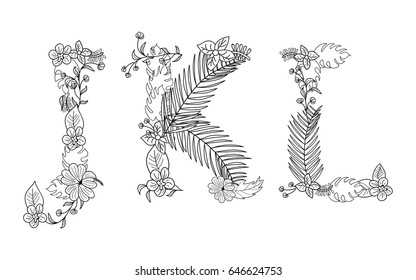 Tropical floral summer pattern hand drawn ornamental font set with palm beach leaves, flower. Letter J,K,L