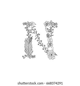 Tropical floral summer pattern hand drawn ornamental font with palm beach leaves, flower. Letter N