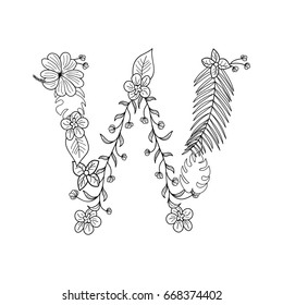 Tropical floral summer pattern hand drawn ornamental font with palm beach leaves, flower. Letter W