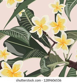 Tropical floral summer seamless pattern background with plumeria flowers with leaves. Beige background.