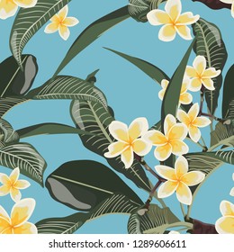 Tropical floral summer seamless pattern background with plumeria flowers with leaves. Vintage blue background.
