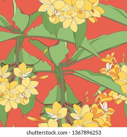 Tropical floral summer seamless pattern background with plumeria flowers with leaves. Orange backdrop.