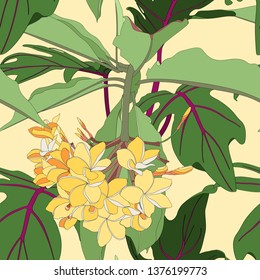Tropical floral summer seamless pattern background with plumeria flowers and exotic leaves. Yellow backdrop.