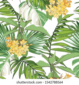 Tropical floral summer seamless pattern background with orange plumeria flowers branch and palm leaves. White backdrop.