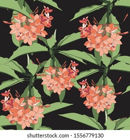 Tropical floral summer seamless pattern background with orange plumeria flowers. Black baclground.