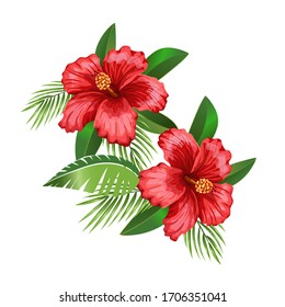 Tropical Floral vector illustration, Red tropic flower Hibiscus, palm leaves. Summer holidays background. Exotic floral print