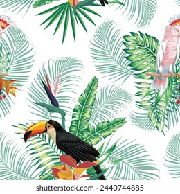 patrón de vector floral tropical con tucanes y loros
