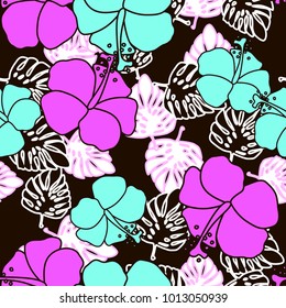 Tropical floral vector patterns flowers pink blue repeating tile pattern on a black. Floral graphic leaves blossom hibiscus seamless. Magenta white silhouettes leaves monstera neon colour