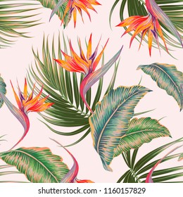Tropical floral vector seamless pattern background with exotic flowers, palm leaves, jungle leaf, strelitzia, bird of paradise flower. Vintage botanical illustration wallpaper in Hawaiian style